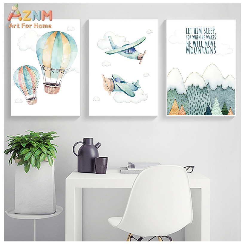 Baby Boy Nursery Quotes - AZNM Aquarell-Flugzeug-Heißluftballon-Leinwand-Wandkunst, Bergmotiv mit inspirierendem Zitat,