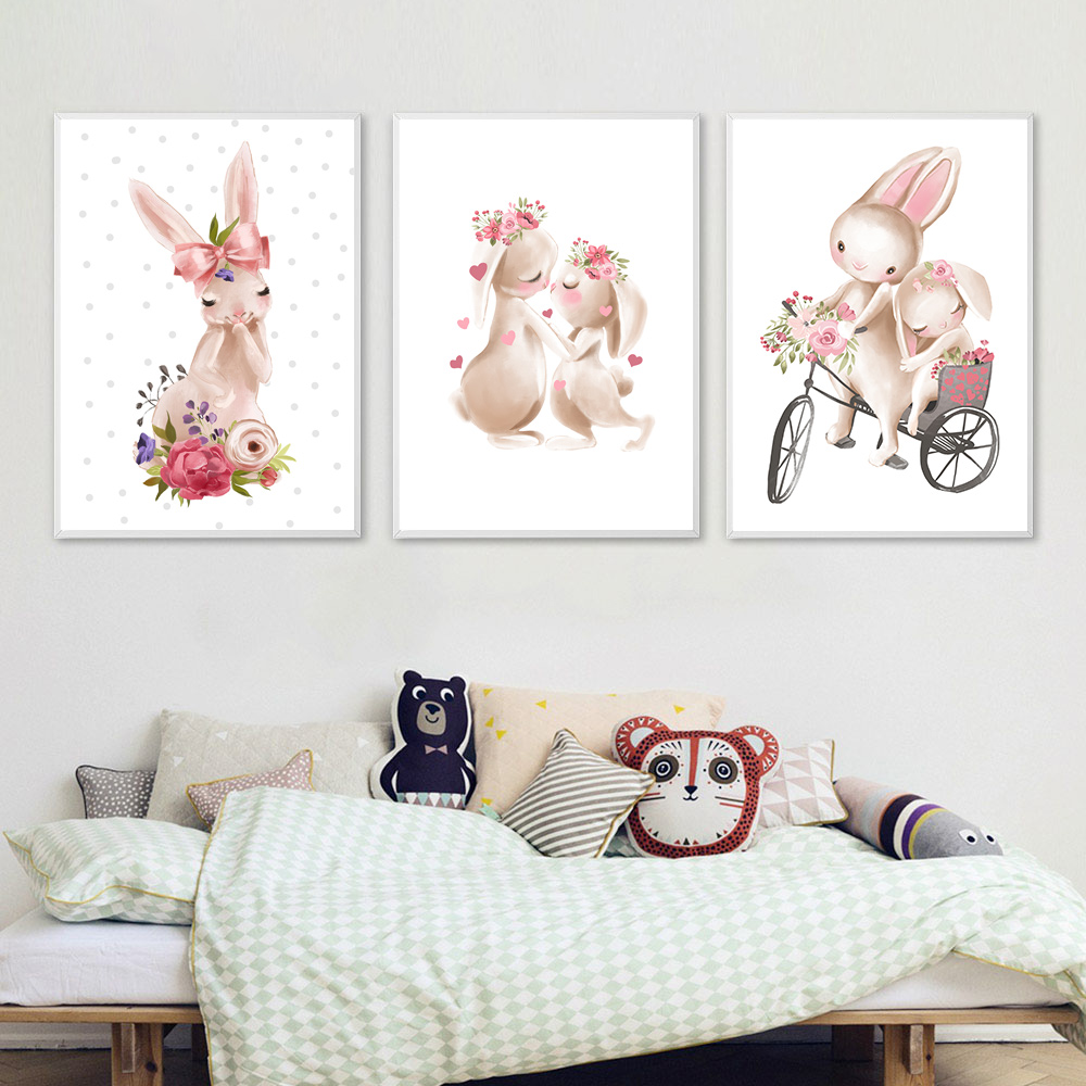 Baby Nursery Mirror - Hasen-Tiermotiv, rosa Blumenposter, Kinderzimmer-Wandkunstdruck für die