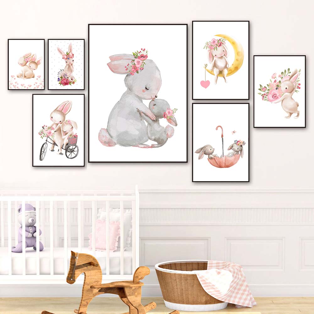 Hasen-Tiermotiv, rosa Blumenpo – Baby Nursery Mirror Bewertung und Preis
